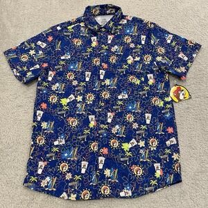 NWT Buc-ees Beaver Hawaiian Shirt Mens Small Blue Tropical Camper Button Up